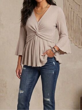 Maurices Taupe Tan Beige Peplum Babydoll Hem Boho Surplice Twist Too medium